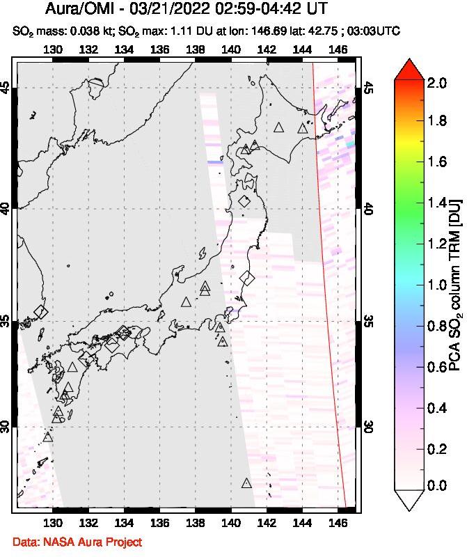 A sulfur dioxide image over Japan on Mar 21, 2022.