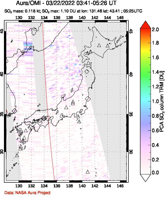A sulfur dioxide image over Japan on Mar 22, 2022.
