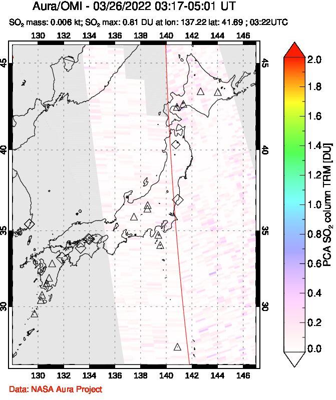 A sulfur dioxide image over Japan on Mar 26, 2022.