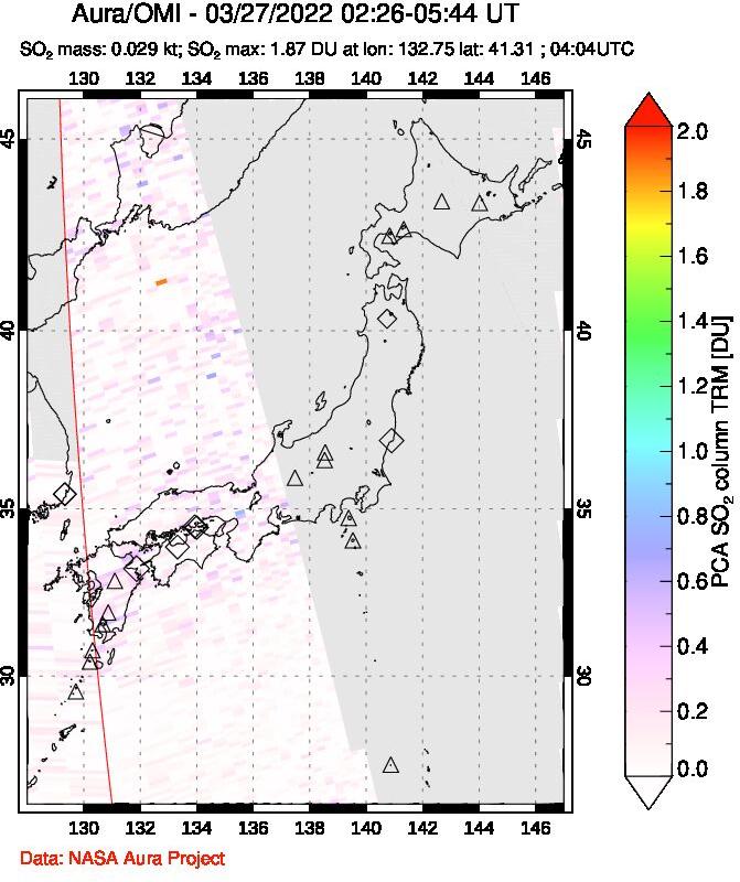 A sulfur dioxide image over Japan on Mar 27, 2022.
