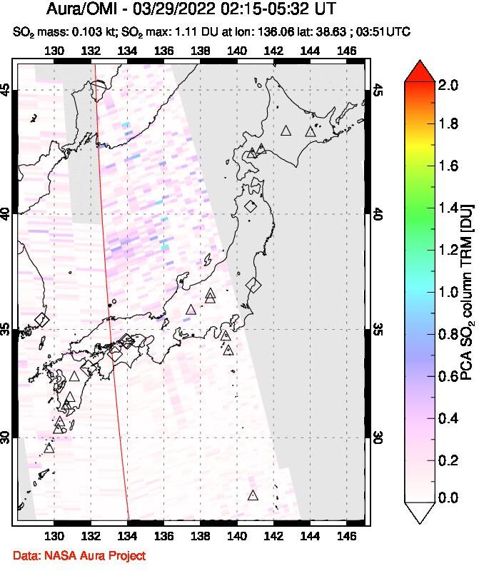 A sulfur dioxide image over Japan on Mar 29, 2022.