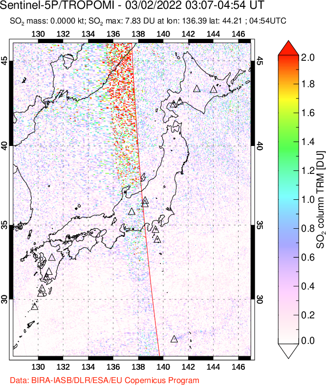A sulfur dioxide image over Japan on Mar 02, 2022.