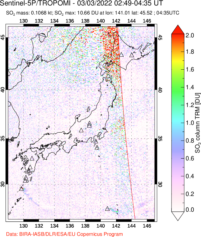 A sulfur dioxide image over Japan on Mar 03, 2022.