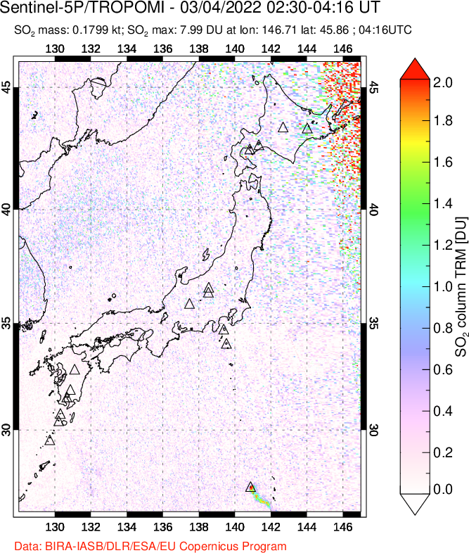 A sulfur dioxide image over Japan on Mar 04, 2022.