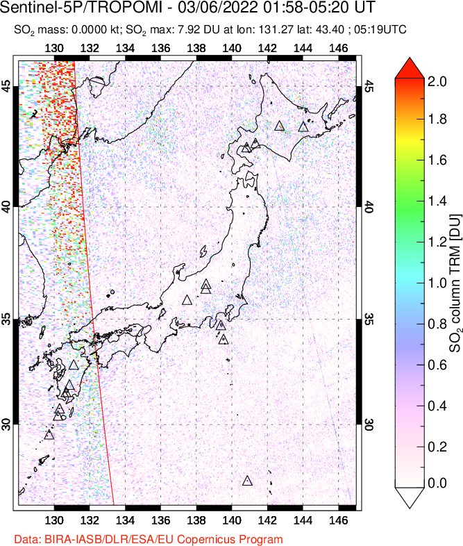 A sulfur dioxide image over Japan on Mar 06, 2022.