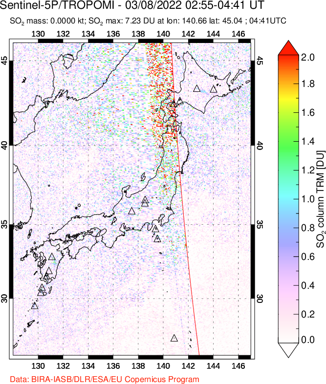 A sulfur dioxide image over Japan on Mar 08, 2022.