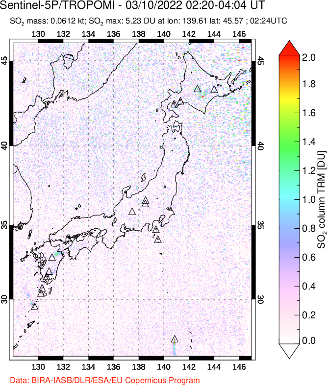 A sulfur dioxide image over Japan on Mar 10, 2022.