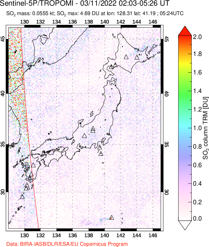 A sulfur dioxide image over Japan on Mar 11, 2022.
