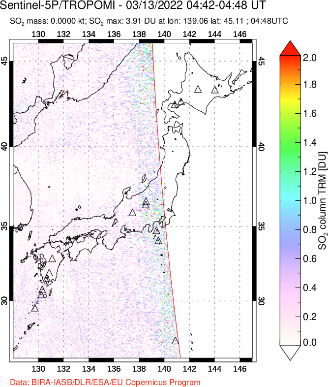 A sulfur dioxide image over Japan on Mar 13, 2022.