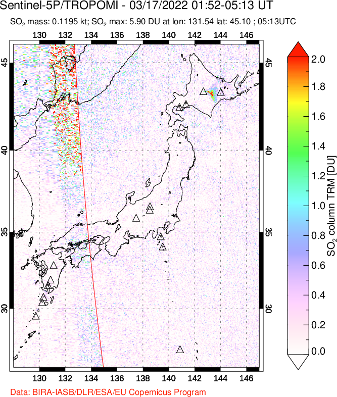 A sulfur dioxide image over Japan on Mar 17, 2022.