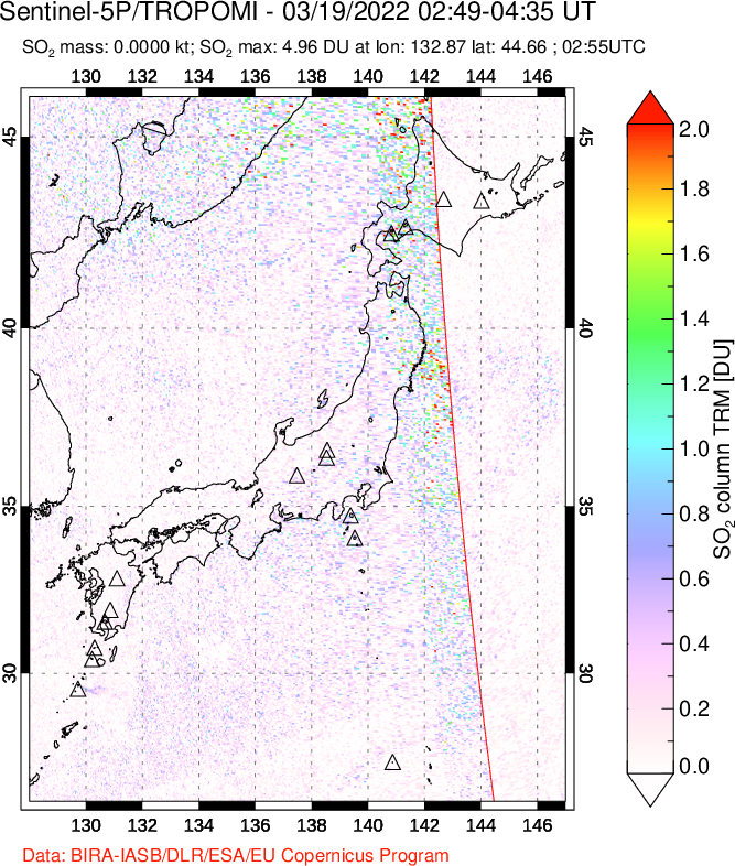A sulfur dioxide image over Japan on Mar 19, 2022.