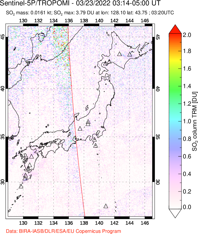 A sulfur dioxide image over Japan on Mar 23, 2022.