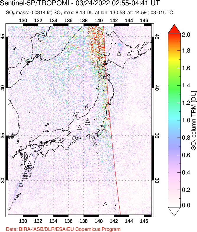A sulfur dioxide image over Japan on Mar 24, 2022.