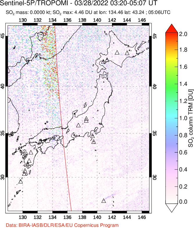 A sulfur dioxide image over Japan on Mar 28, 2022.