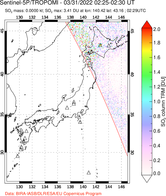 A sulfur dioxide image over Japan on Mar 31, 2022.