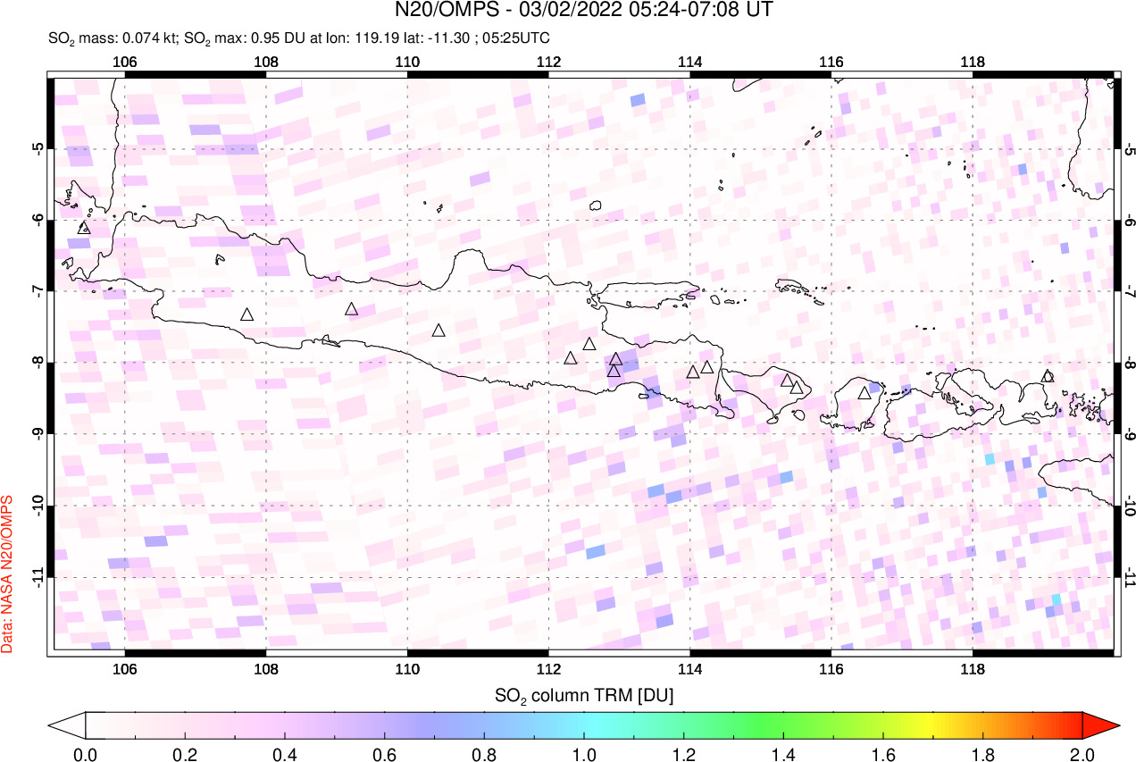 A sulfur dioxide image over Java, Indonesia on Mar 02, 2022.