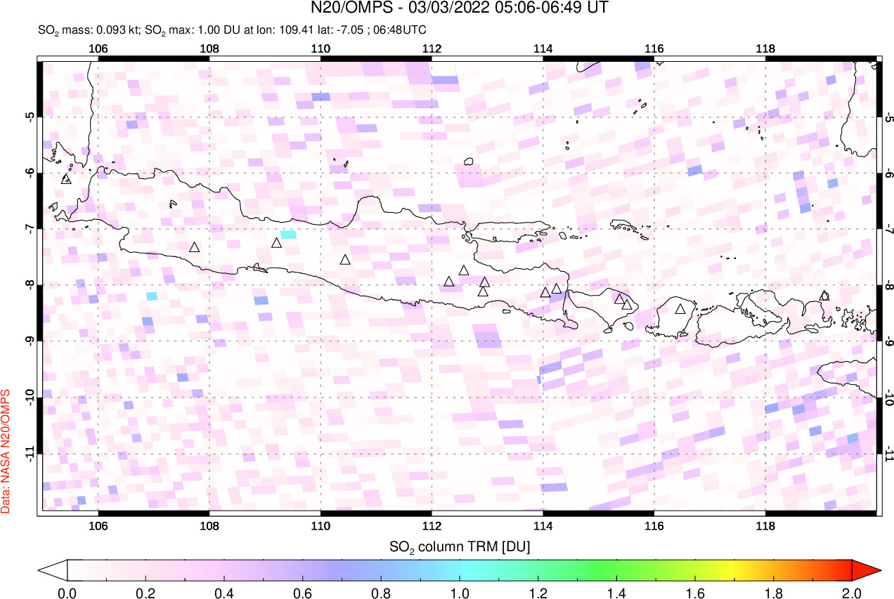 A sulfur dioxide image over Java, Indonesia on Mar 03, 2022.