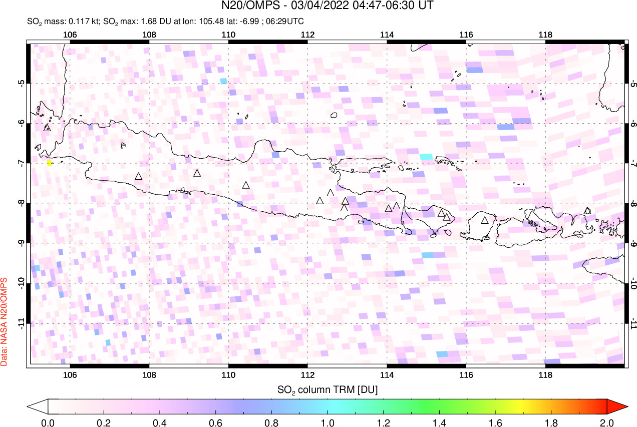 A sulfur dioxide image over Java, Indonesia on Mar 04, 2022.