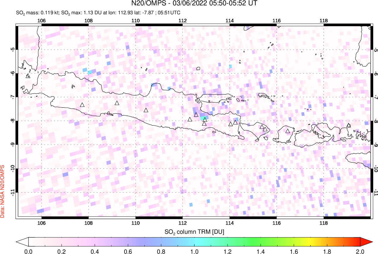 A sulfur dioxide image over Java, Indonesia on Mar 06, 2022.