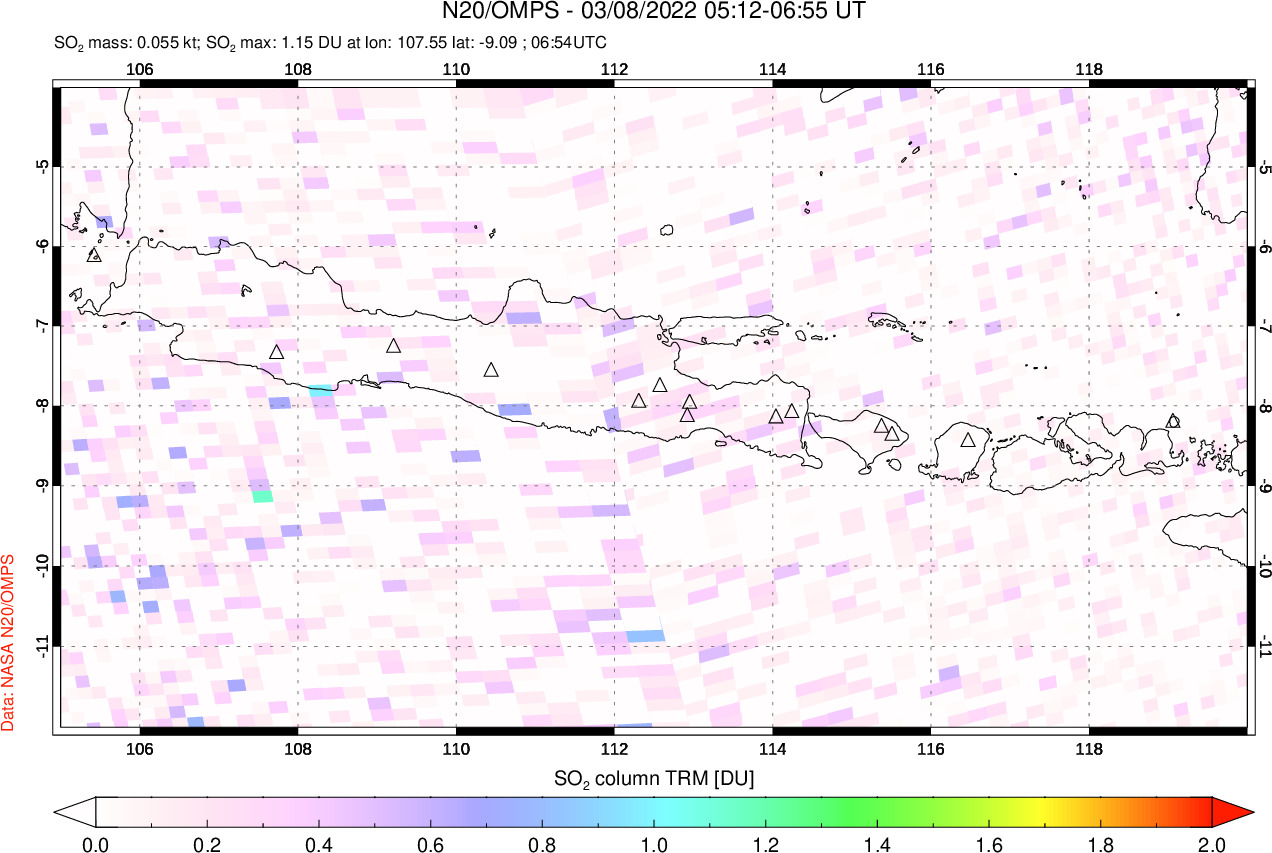 A sulfur dioxide image over Java, Indonesia on Mar 08, 2022.