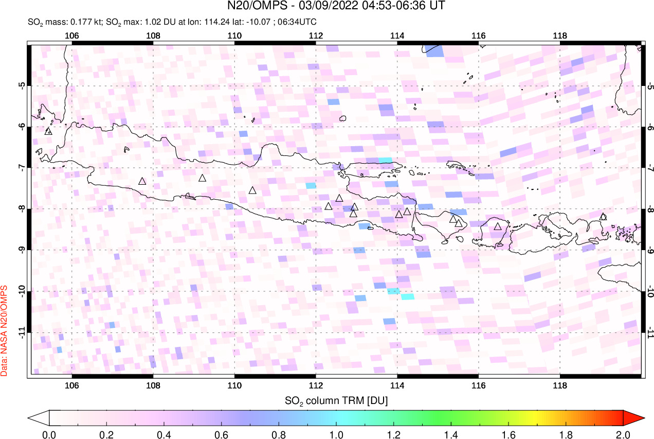 A sulfur dioxide image over Java, Indonesia on Mar 09, 2022.