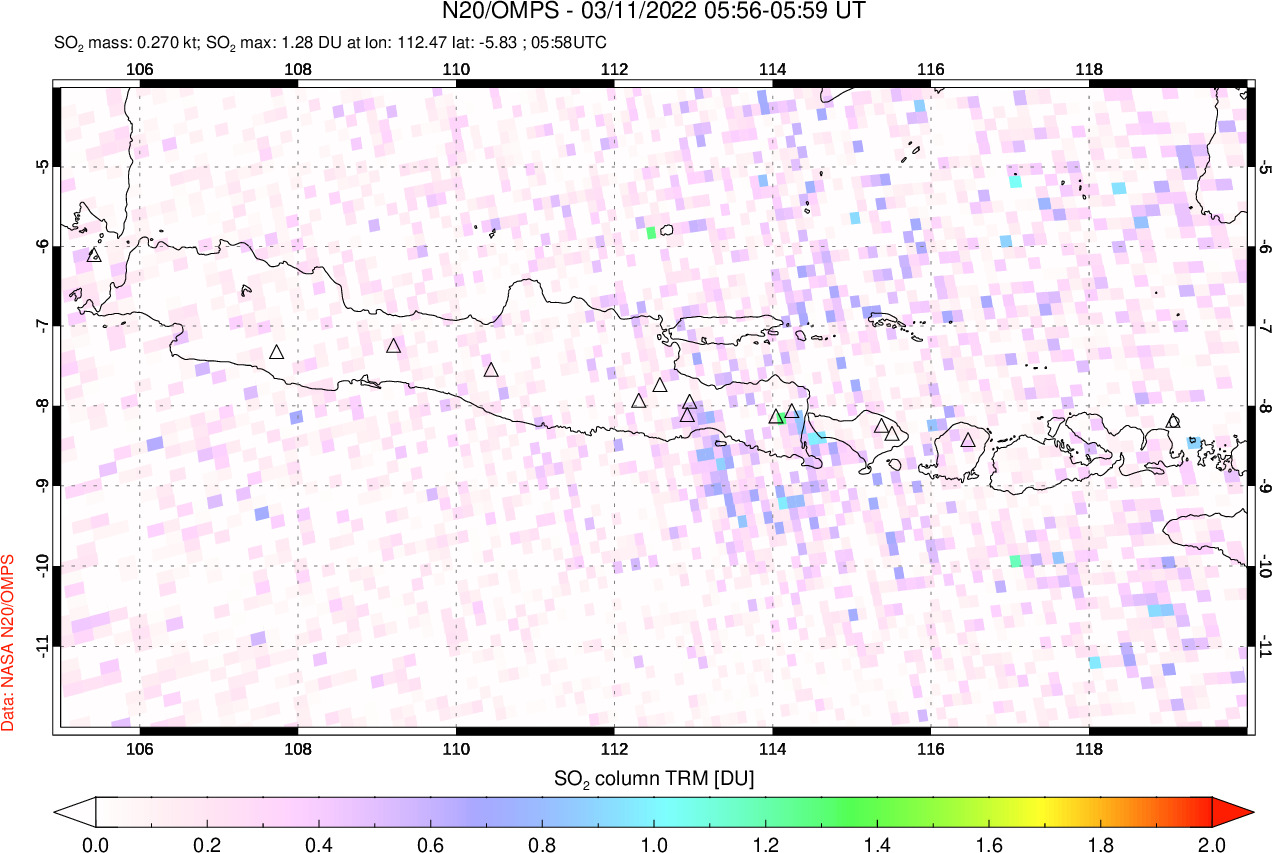 A sulfur dioxide image over Java, Indonesia on Mar 11, 2022.