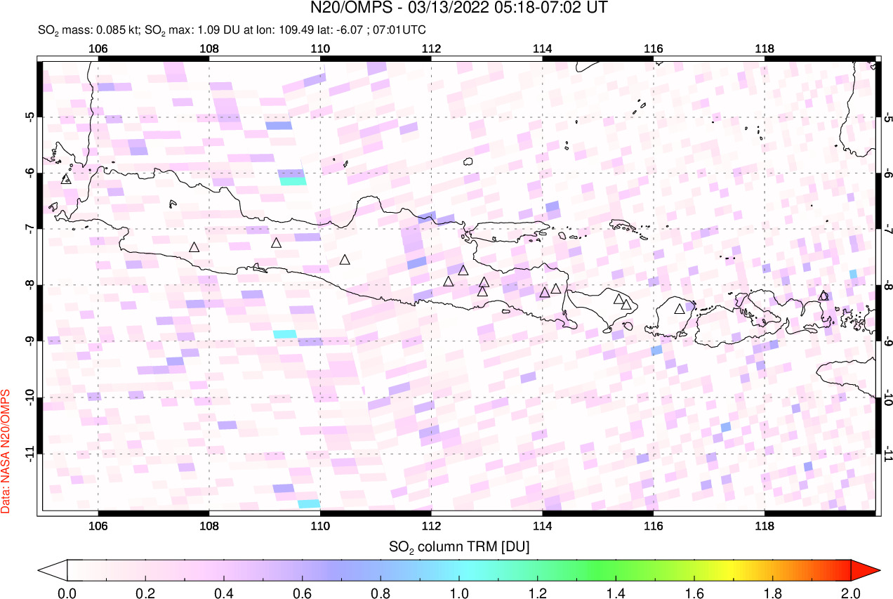 A sulfur dioxide image over Java, Indonesia on Mar 13, 2022.