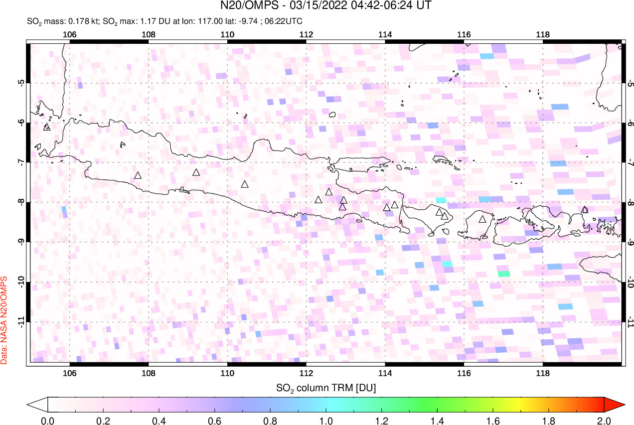 A sulfur dioxide image over Java, Indonesia on Mar 15, 2022.