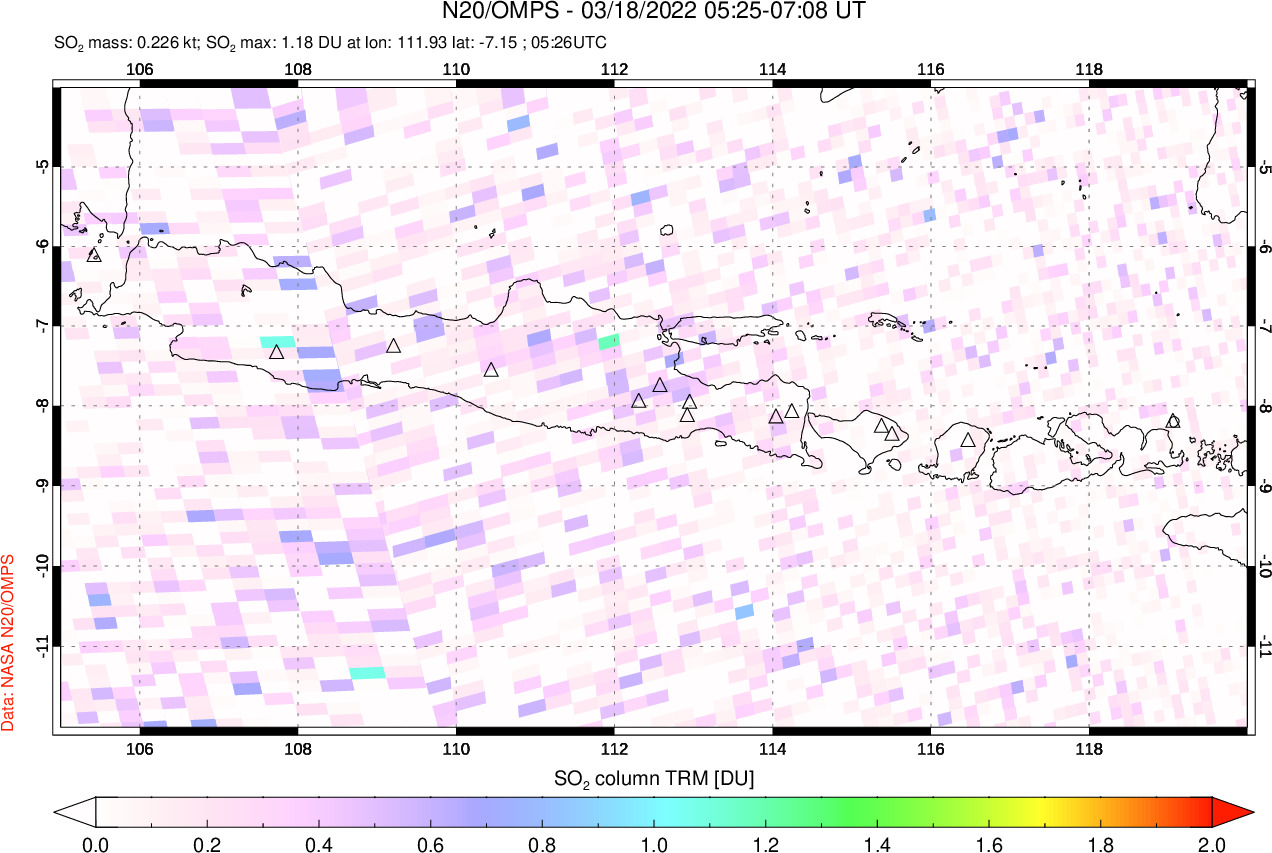 A sulfur dioxide image over Java, Indonesia on Mar 18, 2022.