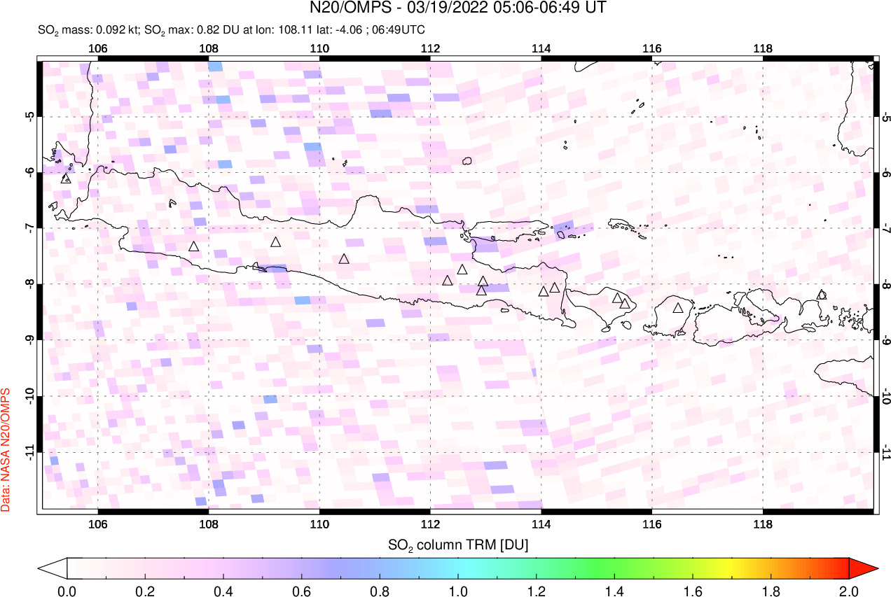 A sulfur dioxide image over Java, Indonesia on Mar 19, 2022.
