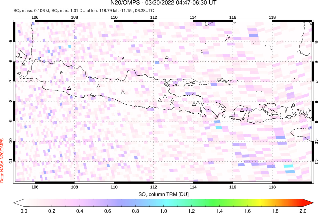 A sulfur dioxide image over Java, Indonesia on Mar 20, 2022.