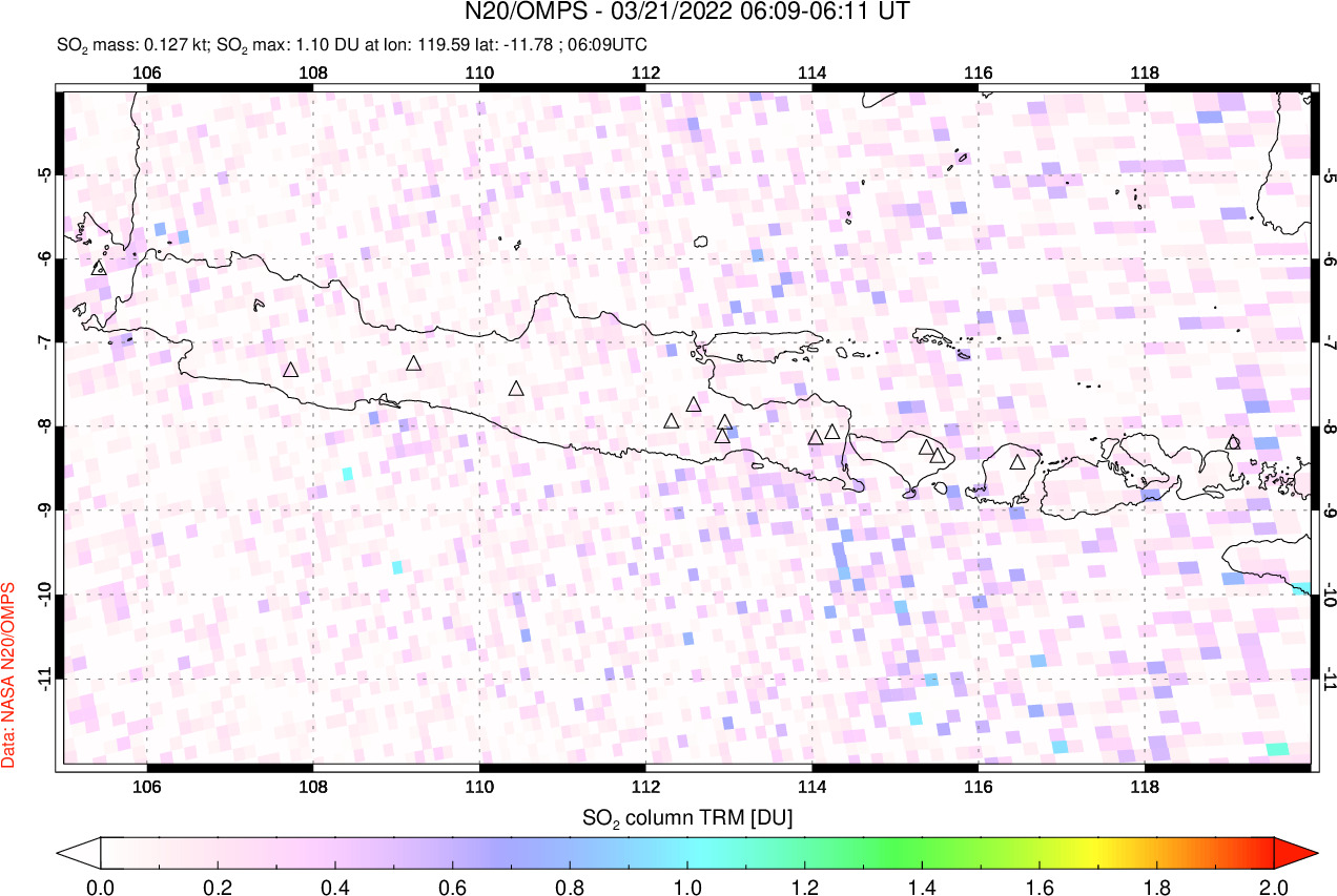 A sulfur dioxide image over Java, Indonesia on Mar 21, 2022.