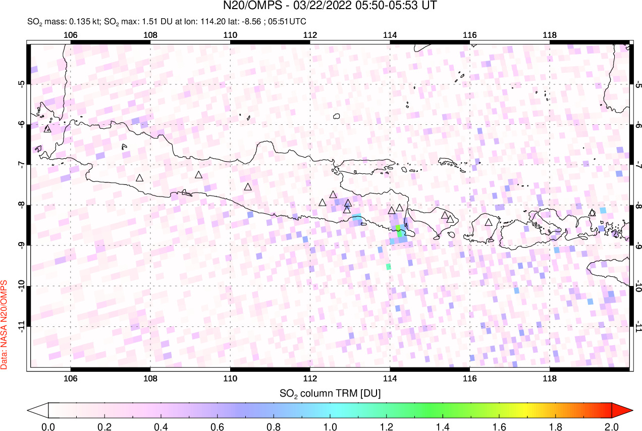 A sulfur dioxide image over Java, Indonesia on Mar 22, 2022.