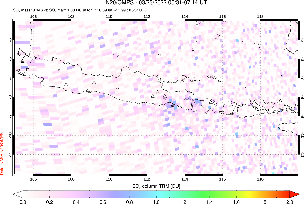 A sulfur dioxide image over Java, Indonesia on Mar 23, 2022.
