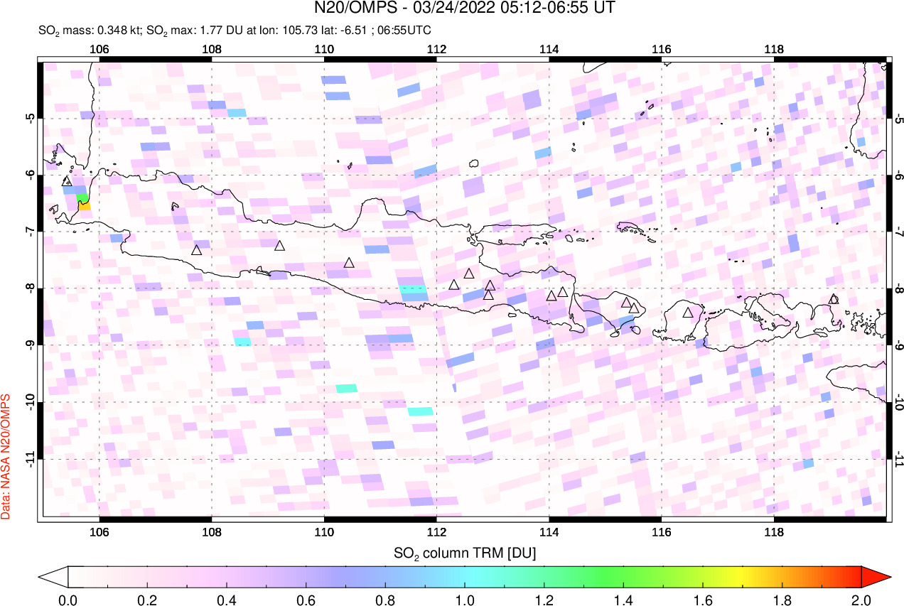 A sulfur dioxide image over Java, Indonesia on Mar 24, 2022.