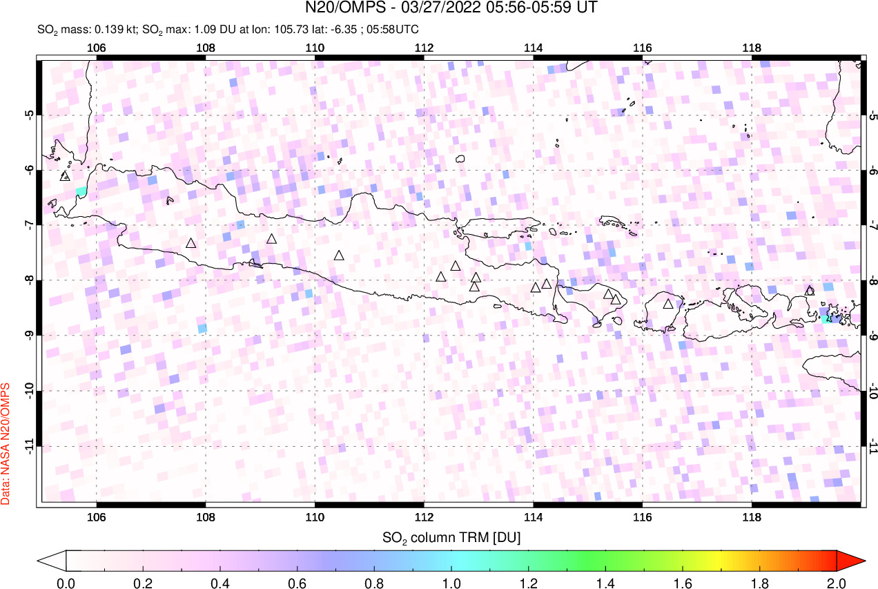 A sulfur dioxide image over Java, Indonesia on Mar 27, 2022.