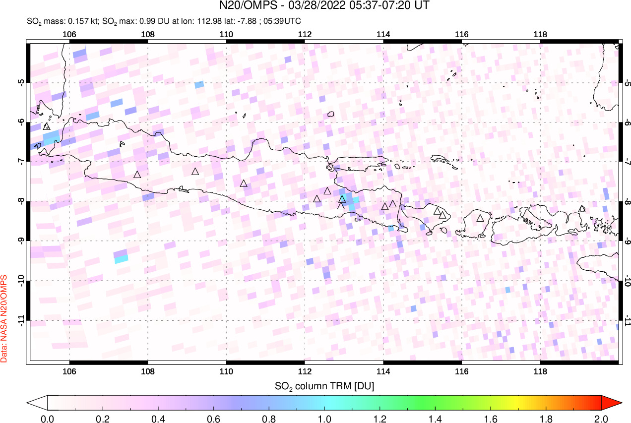 A sulfur dioxide image over Java, Indonesia on Mar 28, 2022.