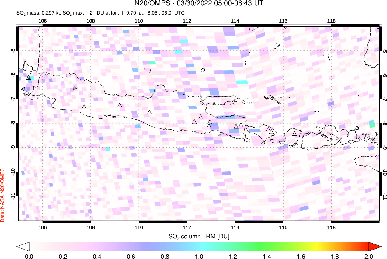 A sulfur dioxide image over Java, Indonesia on Mar 30, 2022.