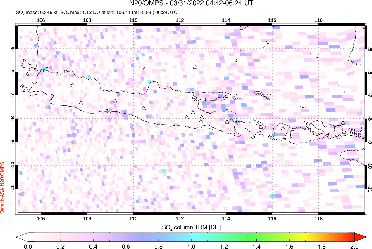 A sulfur dioxide image over Java, Indonesia on Mar 31, 2022.