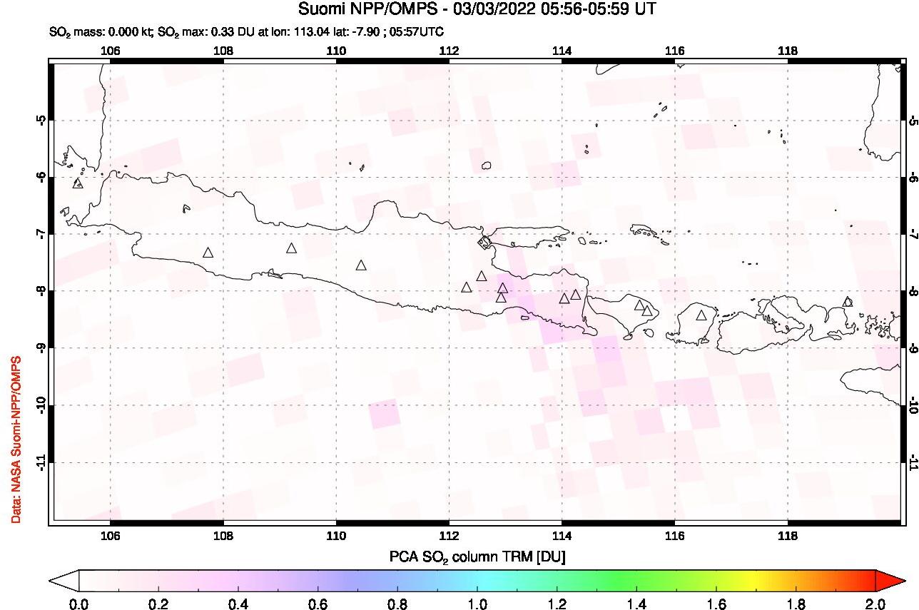 A sulfur dioxide image over Java, Indonesia on Mar 03, 2022.