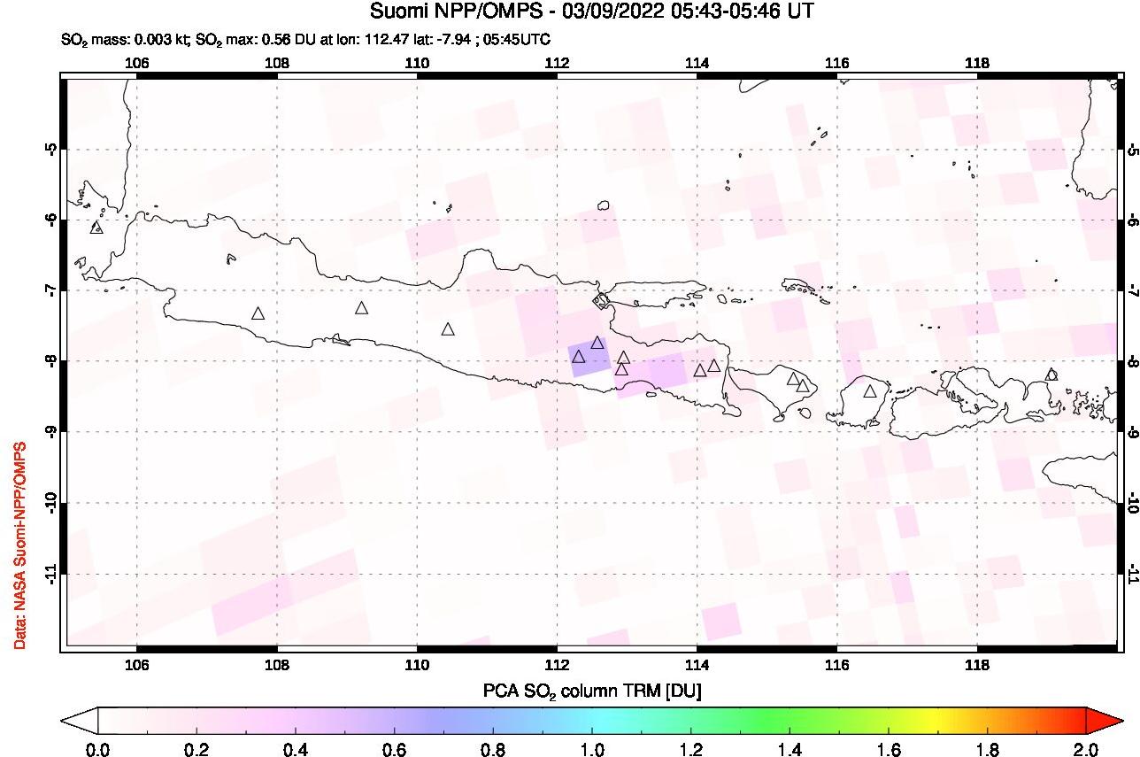 A sulfur dioxide image over Java, Indonesia on Mar 09, 2022.