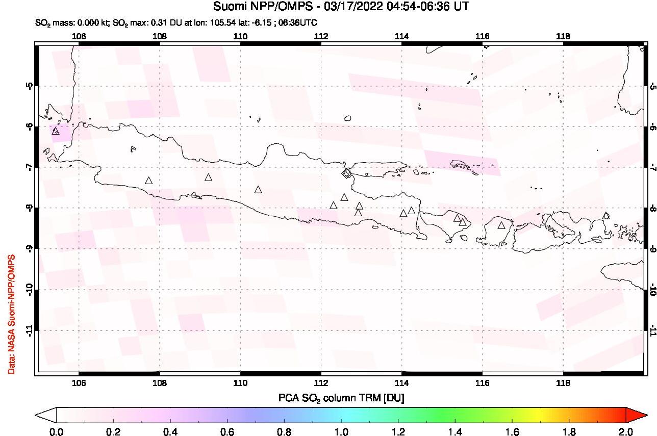 A sulfur dioxide image over Java, Indonesia on Mar 17, 2022.