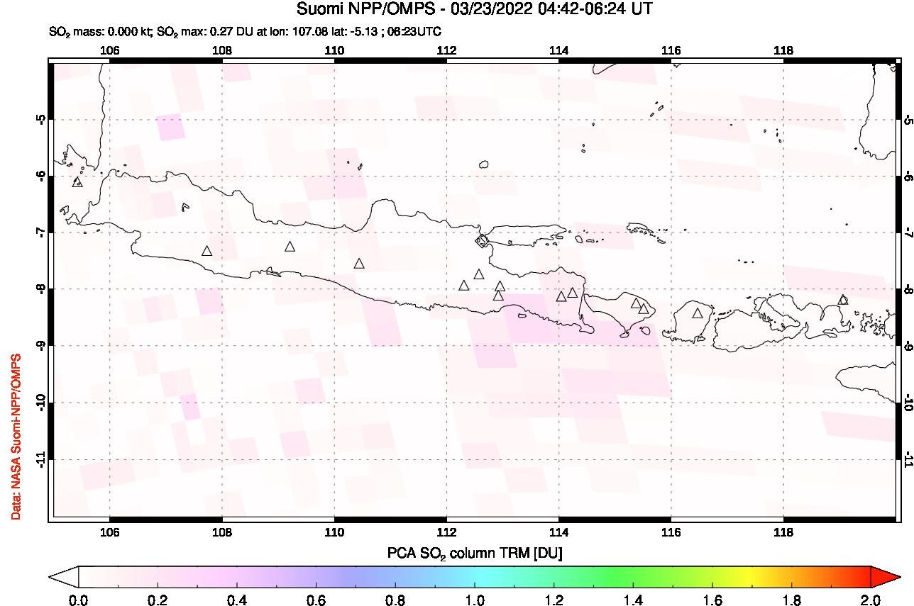 A sulfur dioxide image over Java, Indonesia on Mar 23, 2022.