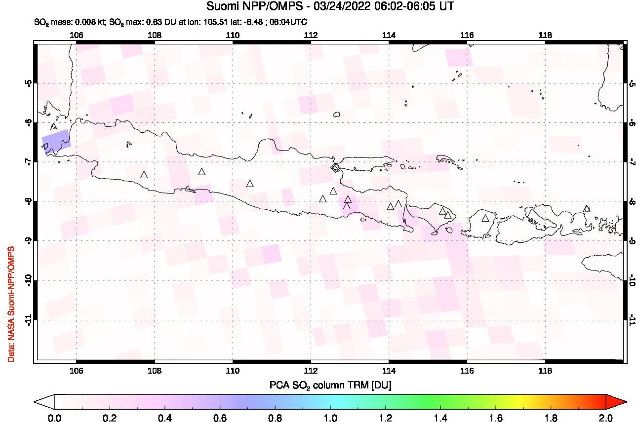 A sulfur dioxide image over Java, Indonesia on Mar 24, 2022.