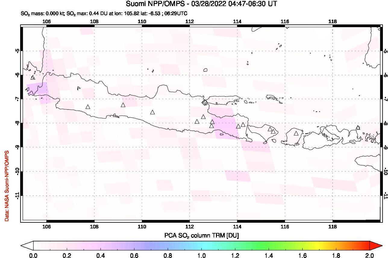 A sulfur dioxide image over Java, Indonesia on Mar 28, 2022.