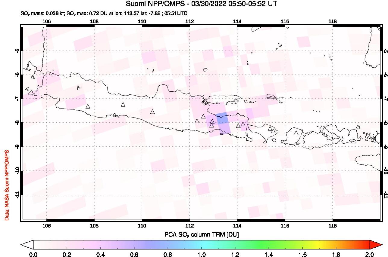 A sulfur dioxide image over Java, Indonesia on Mar 30, 2022.