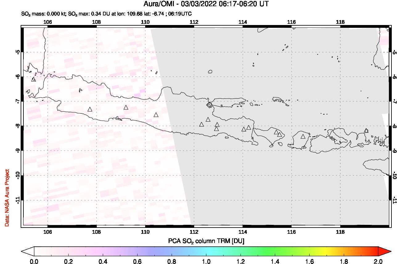 A sulfur dioxide image over Java, Indonesia on Mar 03, 2022.