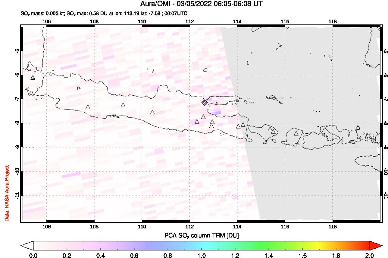 A sulfur dioxide image over Java, Indonesia on Mar 05, 2022.