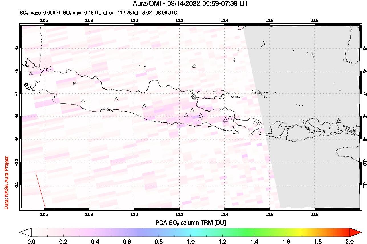 A sulfur dioxide image over Java, Indonesia on Mar 14, 2022.