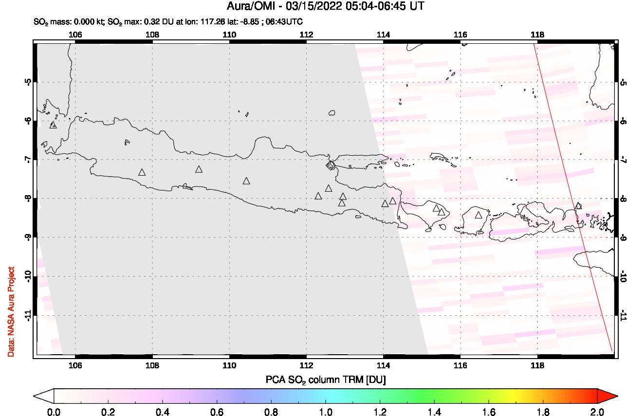 A sulfur dioxide image over Java, Indonesia on Mar 15, 2022.